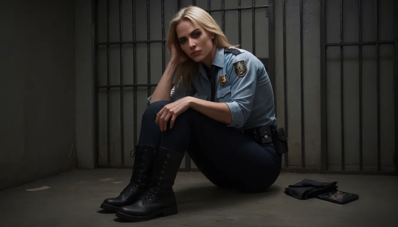 A blonde mature_female wearing a police uniform, black pants, and black utility boots is on her knees in a jail cell with her arms handcuffed behind her. She is deepthroating a black prisoner's large penis.