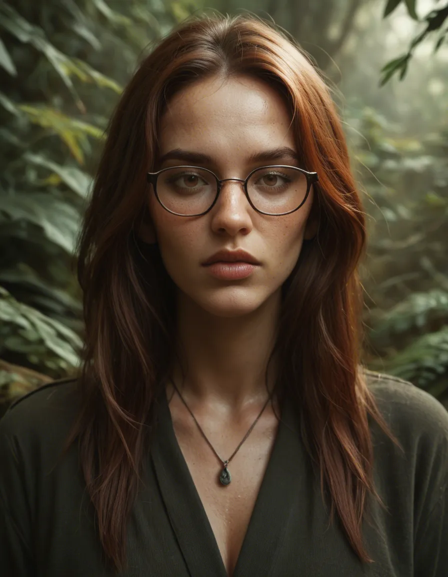 8k, sharp focus, detailed skin ong, straight auburn/dark-brown hair that falls past the shoulders, with a center-to-slightly-side part and loose strands around the face. They wear large rounded glasses and have a natural, relaxed facial expression. Their outfit consists of a black sleeveless cropped top, high-waisted black pants, layered necklaces with a heart-shaped pendant and another hanging pendant, and multiple bracelets or wristbands. White sneakers contrast with the otherwise dark outfit. Their posture is relaxed, with their body slightly angled while standing. Overall, the combination of dark clothing, auburn hair, glasses, layered jewelry, and simple sneakers, gradient background, three-quarter view, volumetric light, natural skin texture having sex., score_9, score_8, candid photo, realistic skin texture, visible skin pores, film grain, depth of field