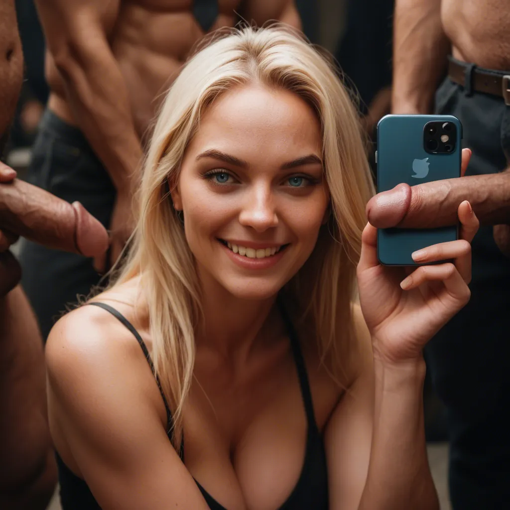 A blonde_hair blue_eyes woman at a party doing a gangbang  while on the phone with her boyfriend. evil_smile