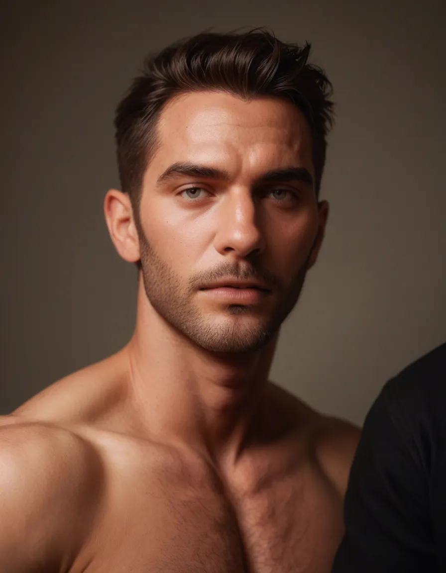 Gay threesome, score_9, score_8, candid photo, realistic skin texture, visible skin pores, film grain, depth of field