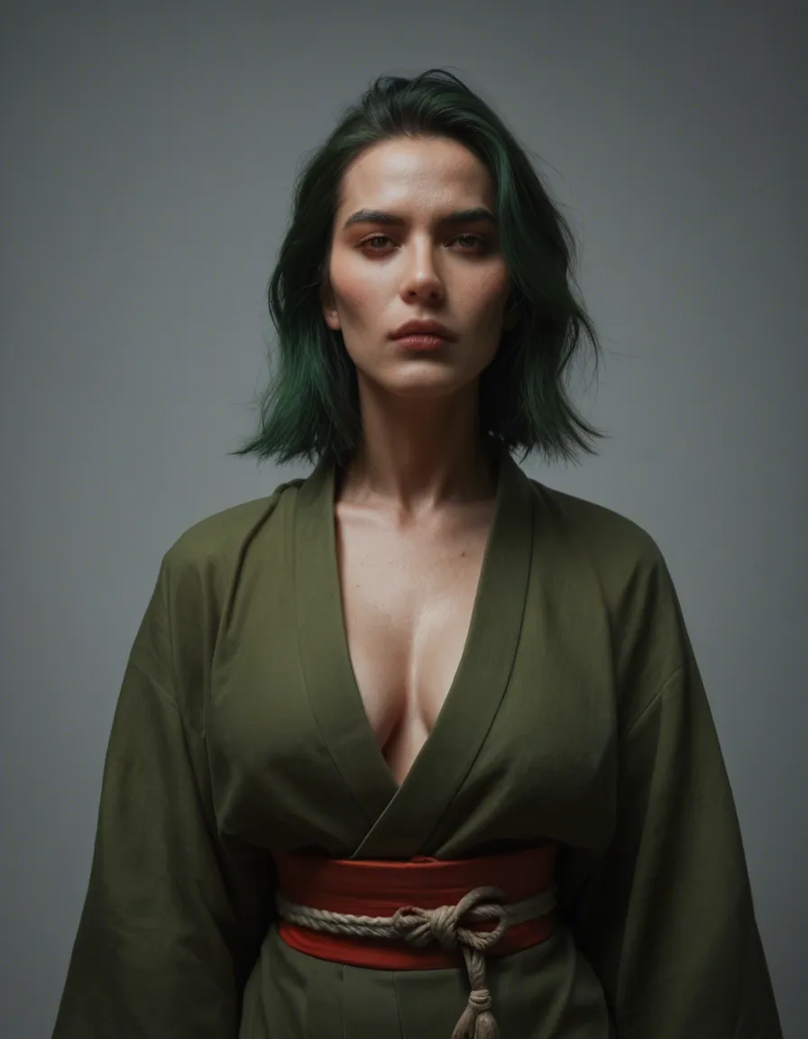 cinematic photo, 8k, demon girl, green hair, japanese clothes, futanari, hyperrealistic, score_9, score_8, candid photo, realistic skin texture, visible skin pores, film grain, depth of field