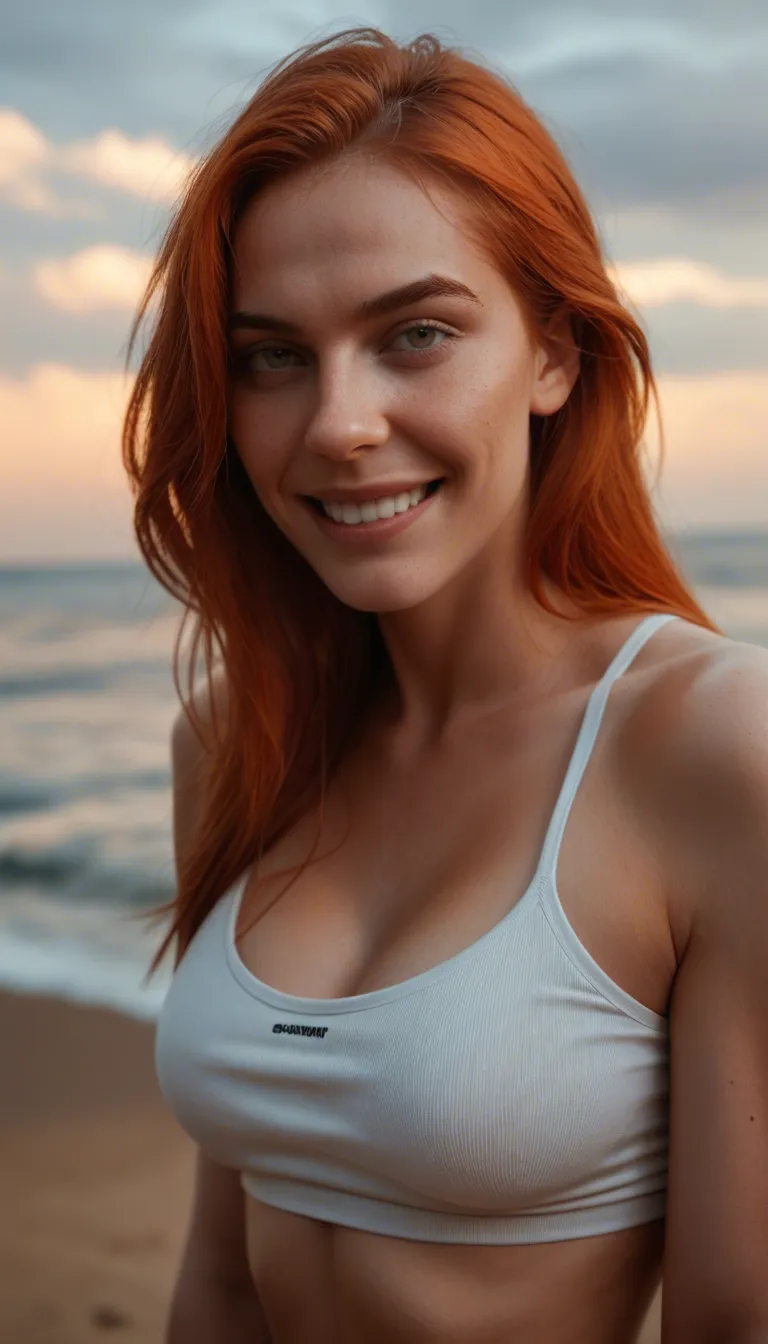 best quality, hyperrealistic, three-quarter view, redhead woman, blowjob, midriff, cloudy sky, teasing grin, photorealistic