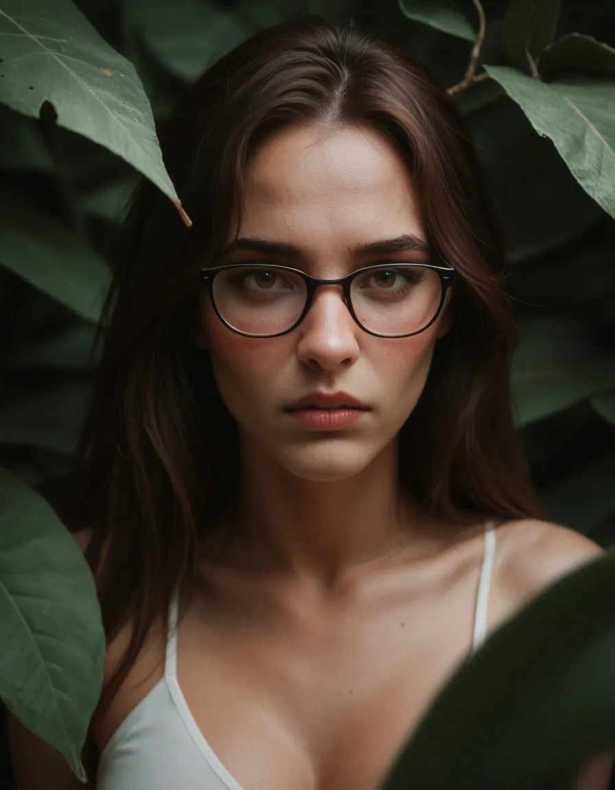 studio quality, sharp focus, 1other, creampie, glasses, leaf, nervous blush, photorealistic, score_9, score_8, candid photo, realistic skin texture, visible skin pores, film grain, depth of field