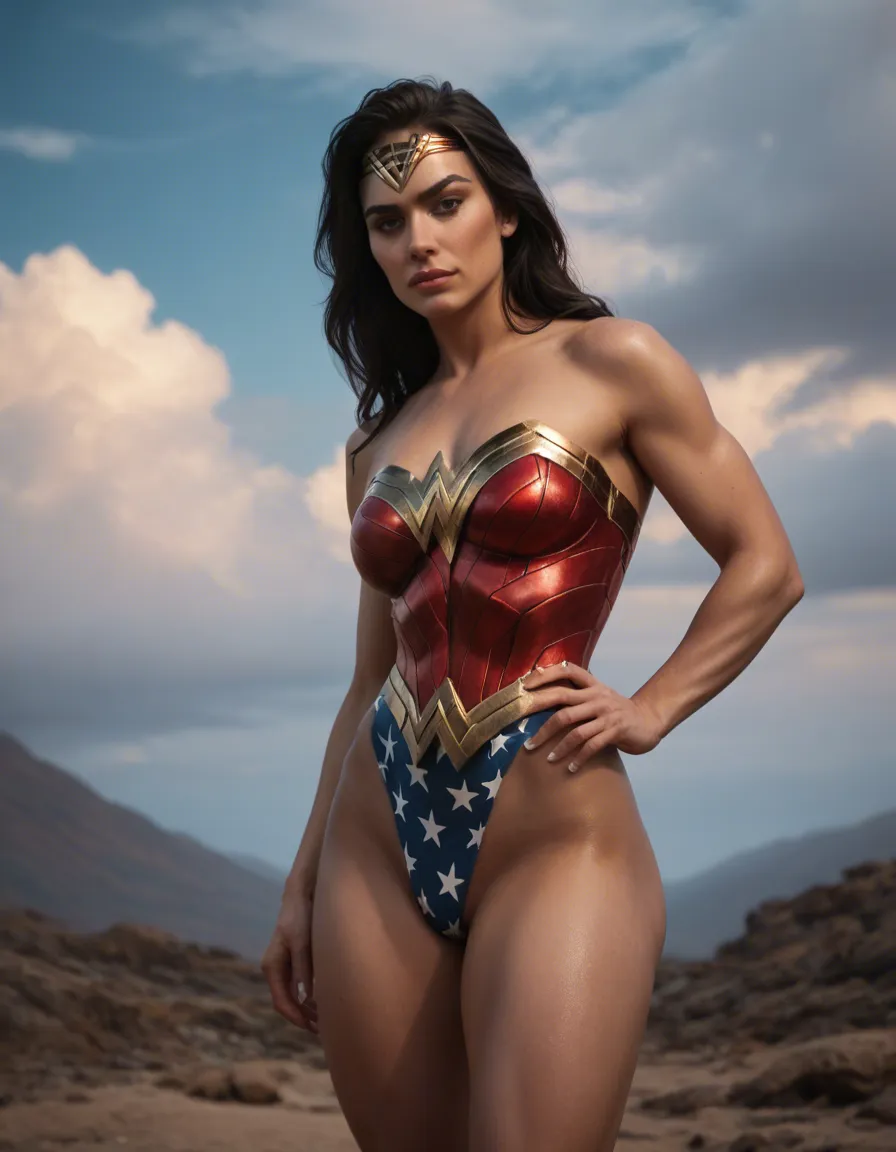 futanari, sharp focus, 8k uhd, brunette shemale wonder woman costume, fingernails, sleeveless, futanari, cloudy sky, RAW photo, score_9, score_8, candid photo, realistic skin texture, visible skin pores, film grain, depth of field