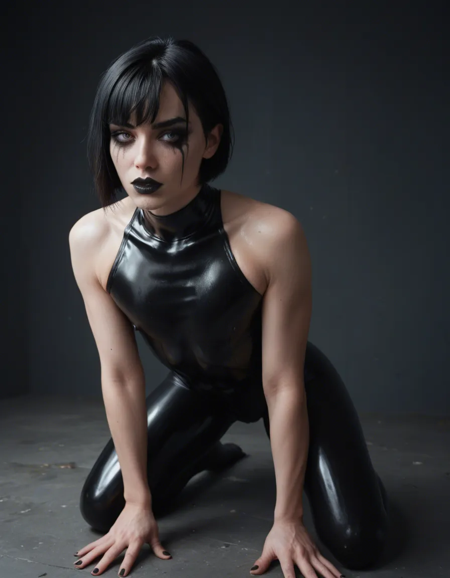 Photorealistic sexy goth femboy, pale skin, short messy black hair with bangs, heavy black gothic eye makeup, dark lipstick. Kneeling on the floor, view from behind and slightly above. He wears a very short shiny black latex suit: sleeveless and completely legless, tight high-cut latex bodysuit that only covers the torso and stops at the upper hips, fully exposing his bare round ass, hips, upper thighs, perineum, balls and erect penis. Looking back over his shoulder at the camera with a seductive expression while giving a blowjob to a standing muscular black man with dark skin. The man's cock is large and thick, currently in the femboy's mouth. Soft dramatic lighting, glossy latex texture, highly detailed, erotic, 8k, score_9, score_8, candid photo, realistic skin texture, visible skin pores, film grain, depth of field