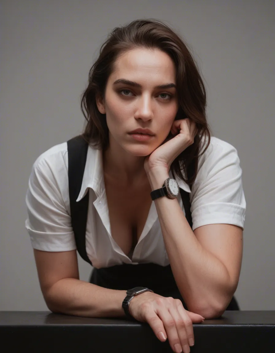 RAW photo, ultra realistic, maid, fingernails, white shirt, doggy style, grey background, dslr quality, futanari, millions watch, satified, score_9, score_8, candid photo, realistic skin texture, visible skin pores, film grain, depth of field