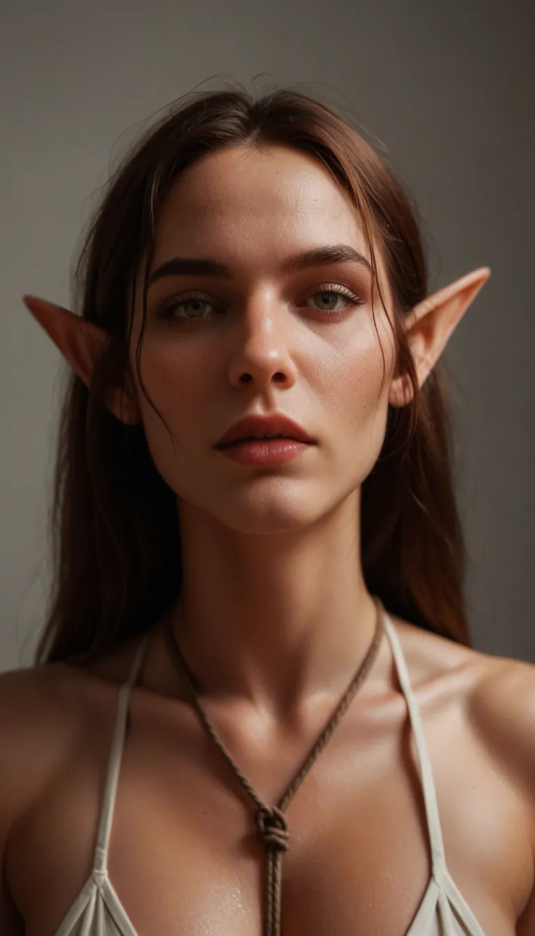 8k, sharp focus, detailed skin, elf girl, parted bangs, heart, bondage, cinematic realism