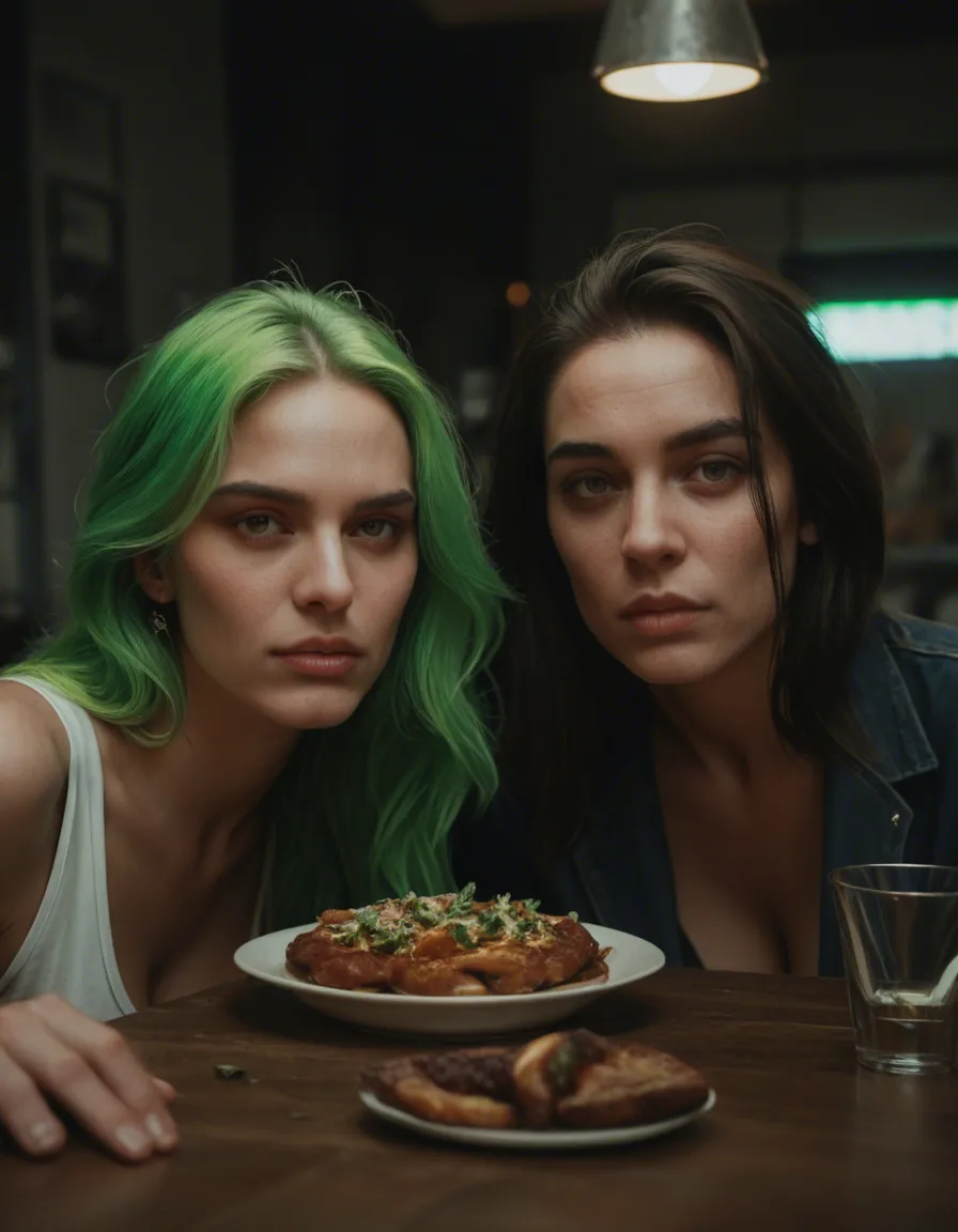 dslr, film grain, photorealistic, multiple girls, green hair, food, presenting, neon glow, dslr quality, score_9, score_8, candid photo, realistic skin texture, visible skin pores, film grain, depth of field