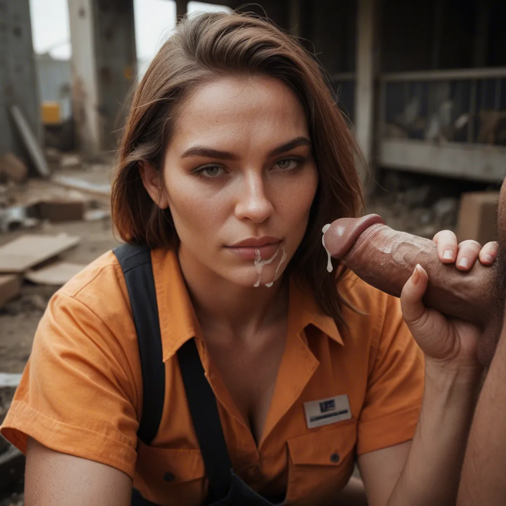 professional photo, construction worker getting a handjob from 1woman with cum