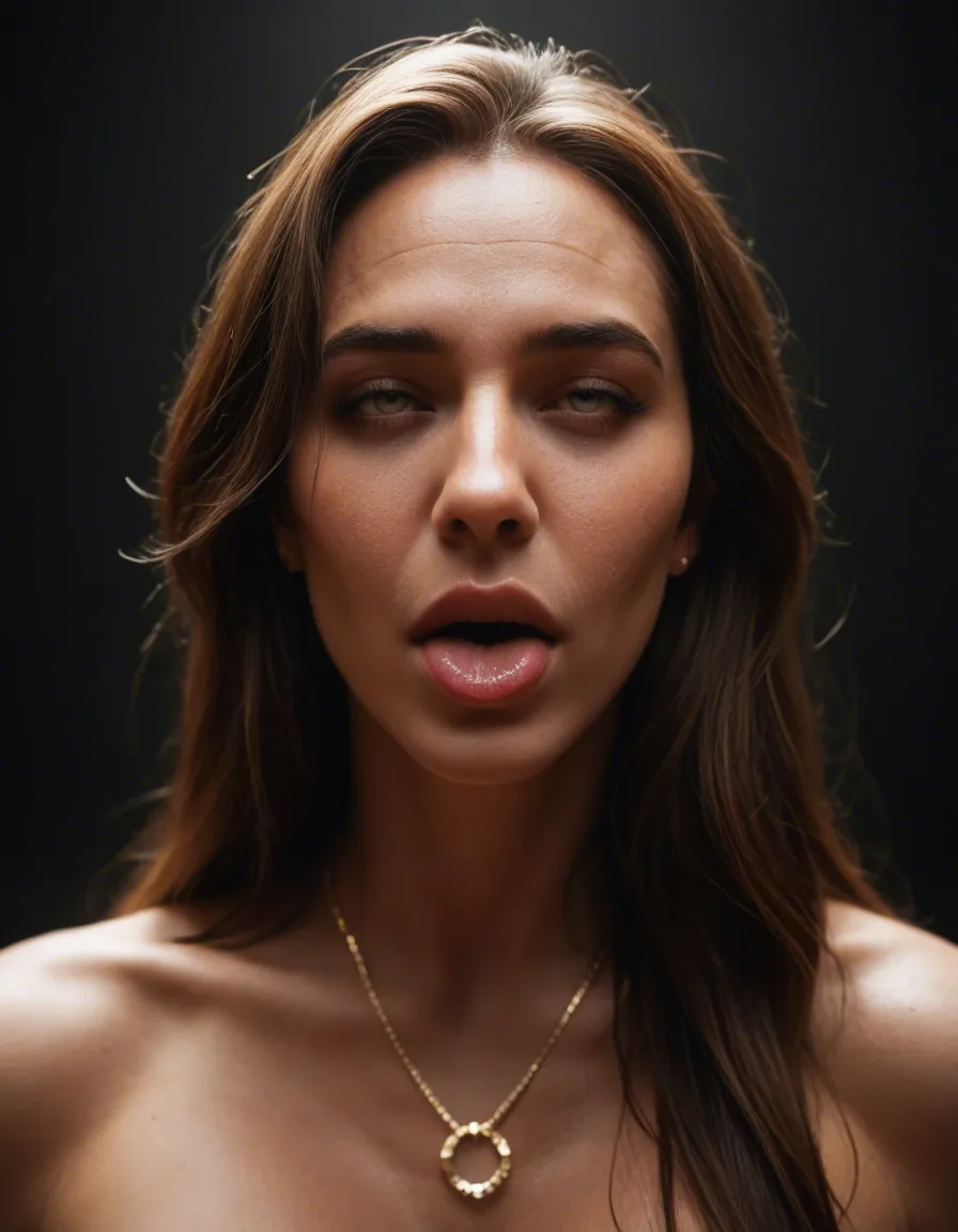 best quality, hyperrealistic, mature female, long hair, jewelry, ahegao, neon glow, RAW photo, score_9, score_8, candid photo, realistic skin texture, visible skin pores, film grain, depth of field