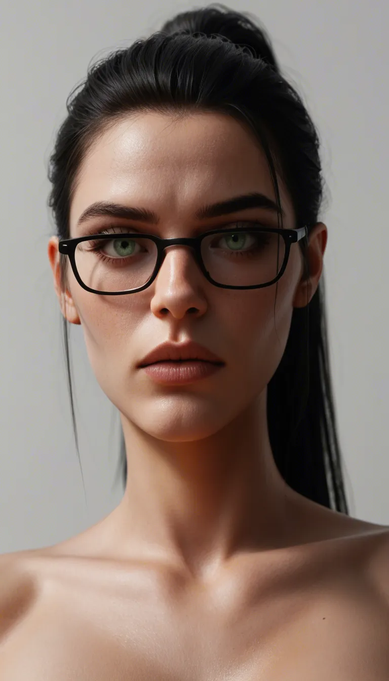 hyperrealistic, detailed skin, view from below, long black hair, high ponytail, fringe hairstyle, almond green eyes,
black-framed eyewear, kissable mouth, huge fake breasts, naked, arms behind head,
shiny black micro thong, riding penis, cowgirl position, toned body, athletic body, oiled body, cum in pussy, big arm tattoo