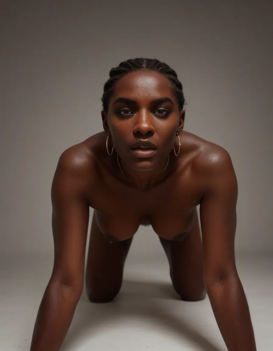 cinematic photo, very dark african girl, engorged pert tits, on all fours, facing the wall behind her, elbows on the ground, 8k uhd photo, realistic skin texture, visible skin pores, film grain, depth of field, score_9, score_8,  candid photo, score_9, score_8, candid photo, realistic skin texture, visible skin pores, film grain, depth of field
