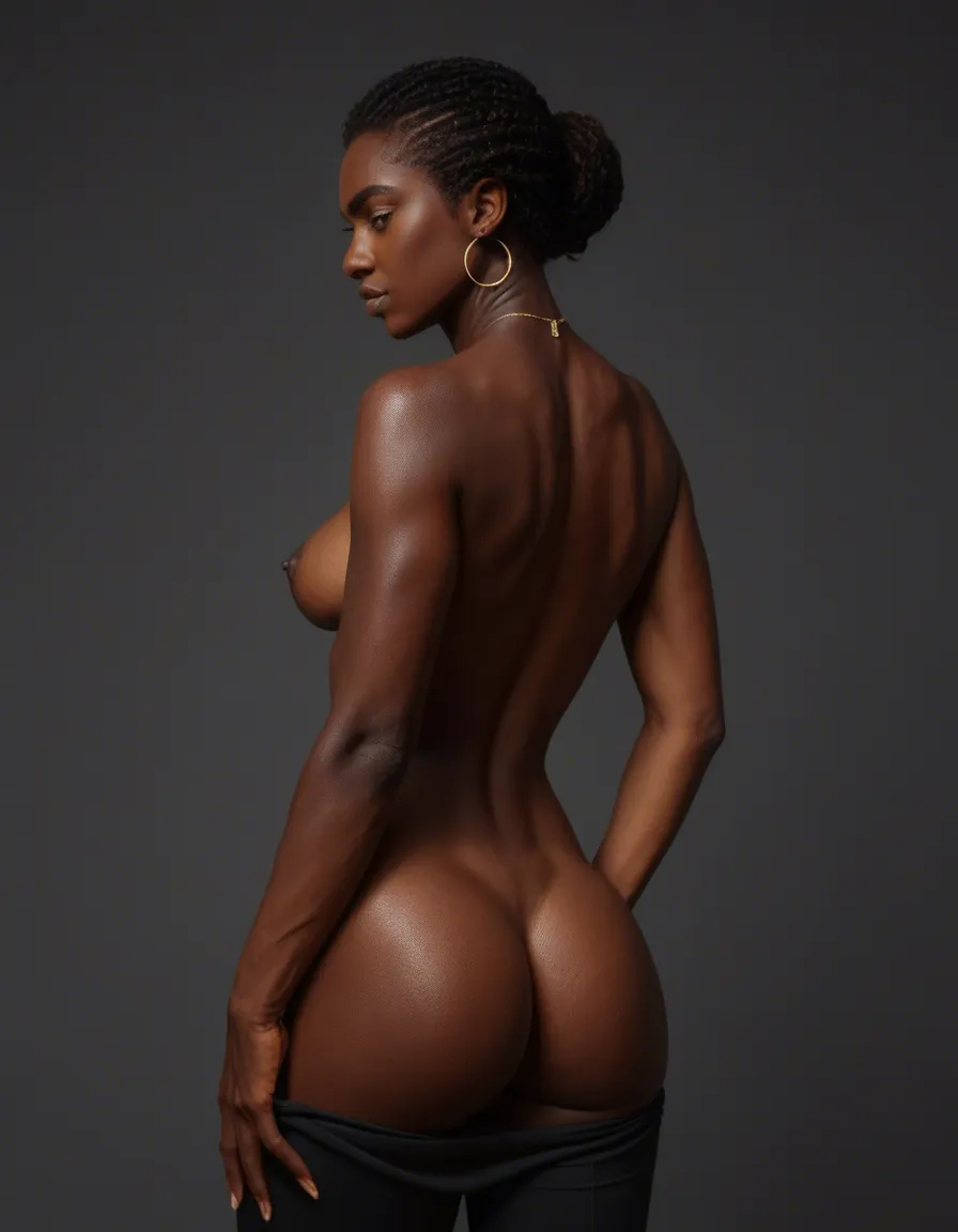 cinematic photo, she is turned 180 degrees, rear view of very dark african girl, engorged pert tits, shuolders down, 8k uhd photo, realistic skin texture, visible skin pores, film grain, depth of field, score_9, score_8,, score_9, score_8, candid photo, realistic skin texture, visible skin pores, film grain, depth of field