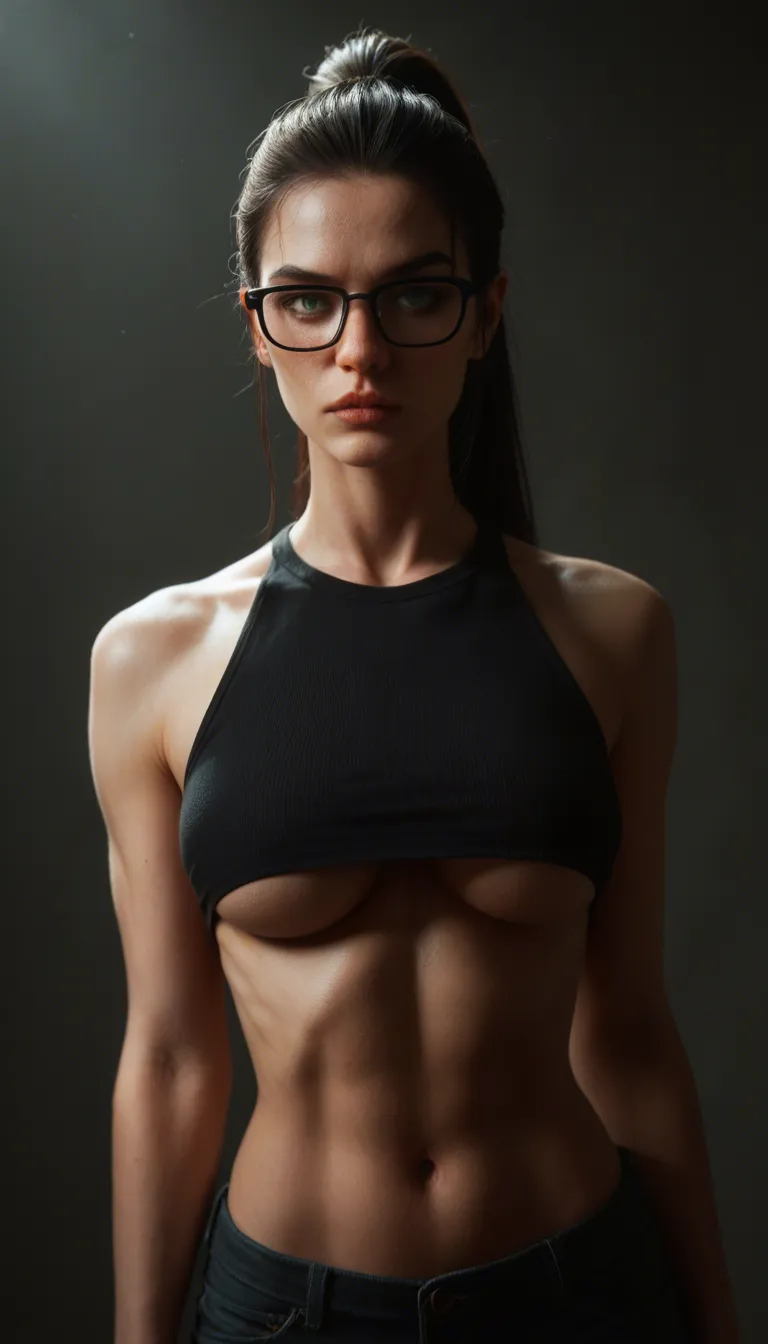 hyperrealistic, detailed skin, front view, underboob, long black hair, high ponytail, fringe hairstyle, almond green eyes, black-framed eyewear, evil smile, naked, shiny black micro thong, huge fake breasts, hard nipples, small areola, riding penis, cowgirl position, toned body, athletic body, oiled body, arms behind head, cum in pussy, arm tattoo, forearm tattoo