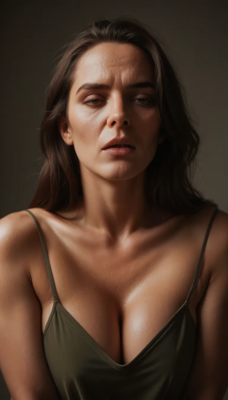 dslr, film grain, photorealistic, dutch angle, mature female, moaning, bare shoulders, military, dominant stare, natural skin texture