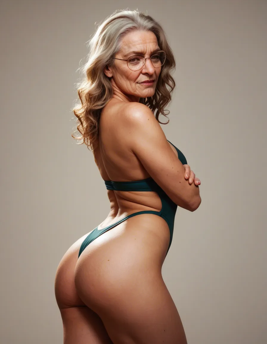 in a nice house, sexy grandma with dirty-blonde, wavy hair, poses seductively. She is wearing nothing but a swimsuit and glasses. She has a big butt and thick thighs, and nice boobs., score_9, score_8, candid photo, realistic skin texture, visible skin pores, film grain, depth of field