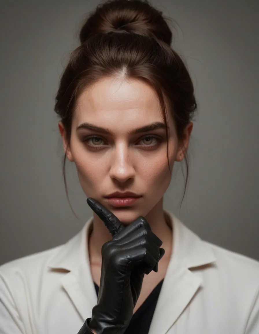 best quality, hyperrealistic, solo, hair bun, black gloves, presenting, dslr quality, score_9, score_8, candid photo, realistic skin texture, visible skin pores, film grain, depth of field