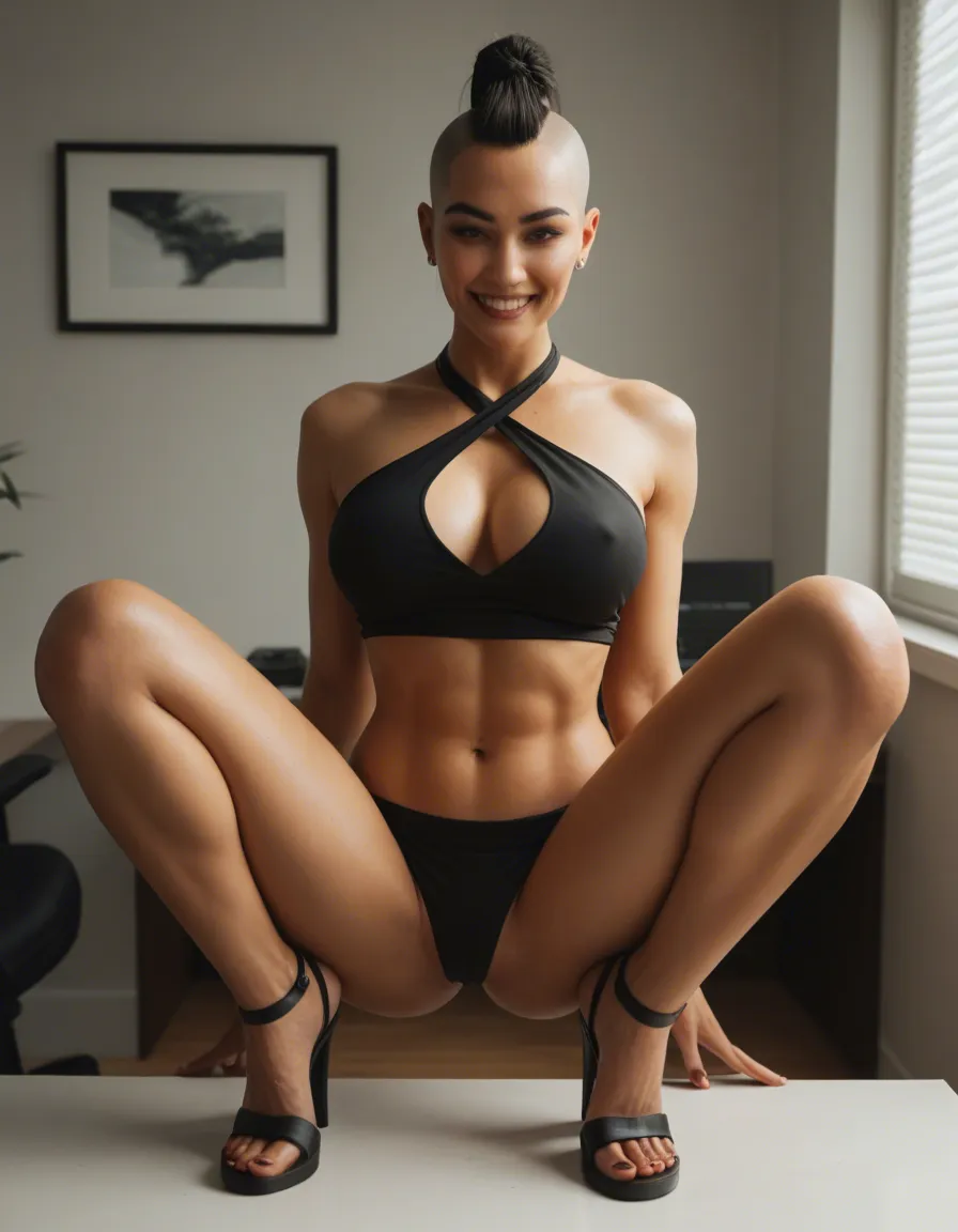 Busty, southeast asian woman in her late thirties in her office. She has her hair tied back. She’s smiling at the camera. She’s wearing a deep cut halter top with no bottoms or underwear and thin, flat, strap sandals. She’s spreading her legs out. Her pussy is shallow and slightly hairy. Her boobs are full and slightly saggy and barely contained by her top. She has a large, erect clitoris., score_9, score_8, amateur photo, phone snapshot, realistic skin texture, skin blemishes, soft indoor lighting