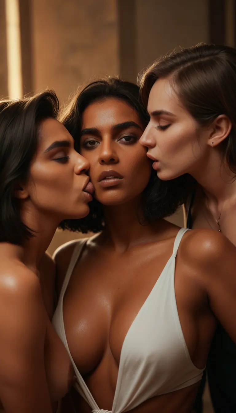 Short hair blond kiss lesbian while third woman breast_sucking threesome. Pakistani, Egyptian, indian