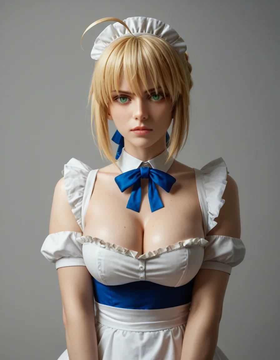 masterpiece, best quality, ultra-detailed, highly detailed, 1woman, solo, saber (fate), artoria pendragon (fate), blonde hair, green eyes, short hair, ahoge, maid headdress, white frilled headdress, blue ribbons, contemptuous expression, disdainful look, scornful eyes, slightly open mouth, arrogant expression, large breasts, huge breasts, nipples, topless, black choker, heart pendant necklace, black fingerless gloves, white thighhighs, lace-trimmed thighhighs, blue bows on stockings, black high heels, one leg raised high, sole of shoe visible, other leg bent, black high heel visible, white maid apron, blue bows, skimpy apron, almost naked, pussy, wet pussy, vaginal fluids, dripping, partially submerged in water, blue water, lying on back in pool, wet skin, shiny skin, water droplets, explicit, nsfw, highly detailed face, highly detailed eyes, cinematic lighting, sharp solo_focus, score_9, score_8, candid photo, realistic skin texture, visible skin pores, film grain, depth of field