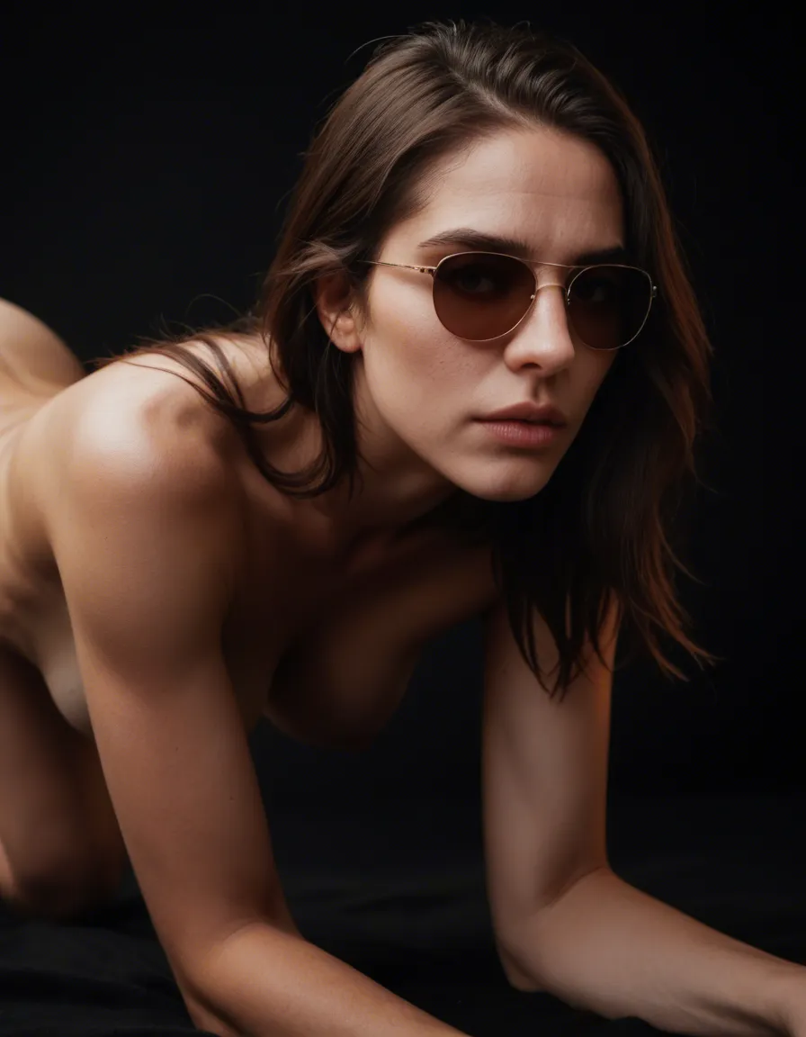 dslr, film grain, photorealistic, brunette woman, on all fours, sunglasses, black background, studio photo, score_9, score_8, candid photo, realistic skin texture, visible skin pores, film grain, depth of field