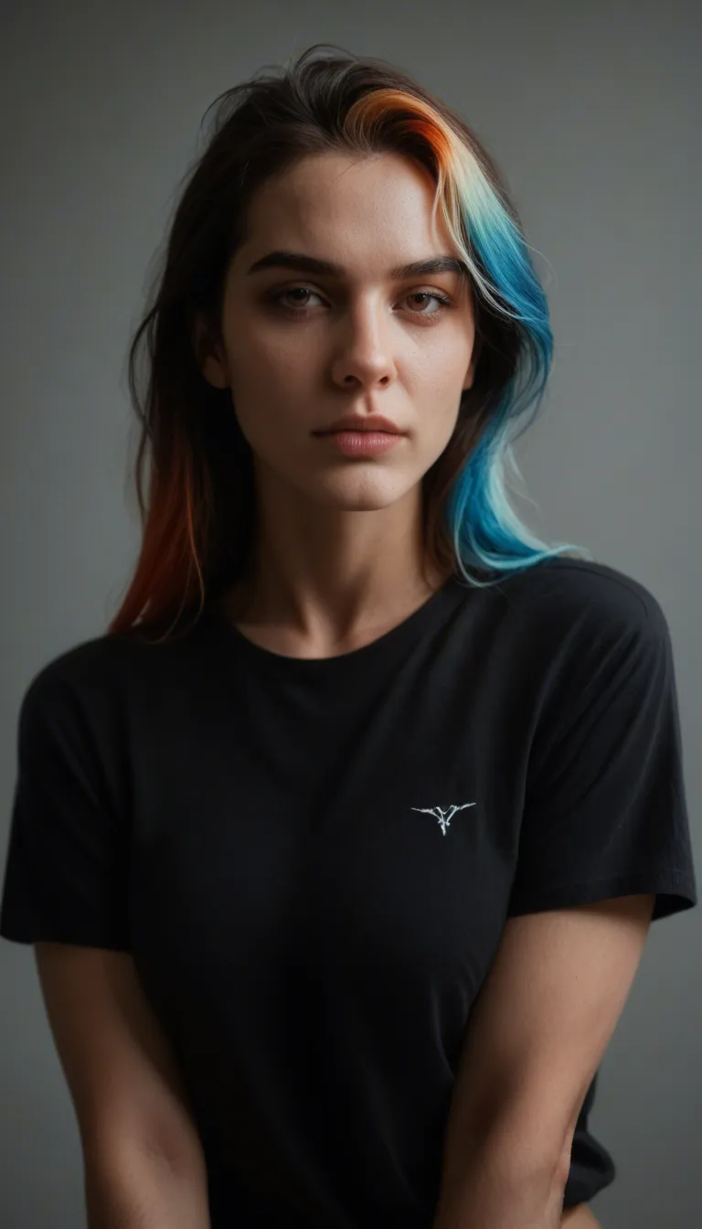 RAW photo, ultra realistic, 1other, multicolored hair, short sleeves, teasing, rim light, cinematic realism