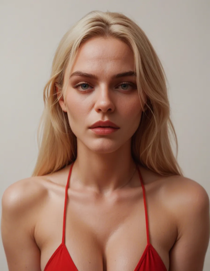 Blonde with red g string, score_9, score_8, candid photo, realistic skin texture, visible skin pores, film grain, depth of field