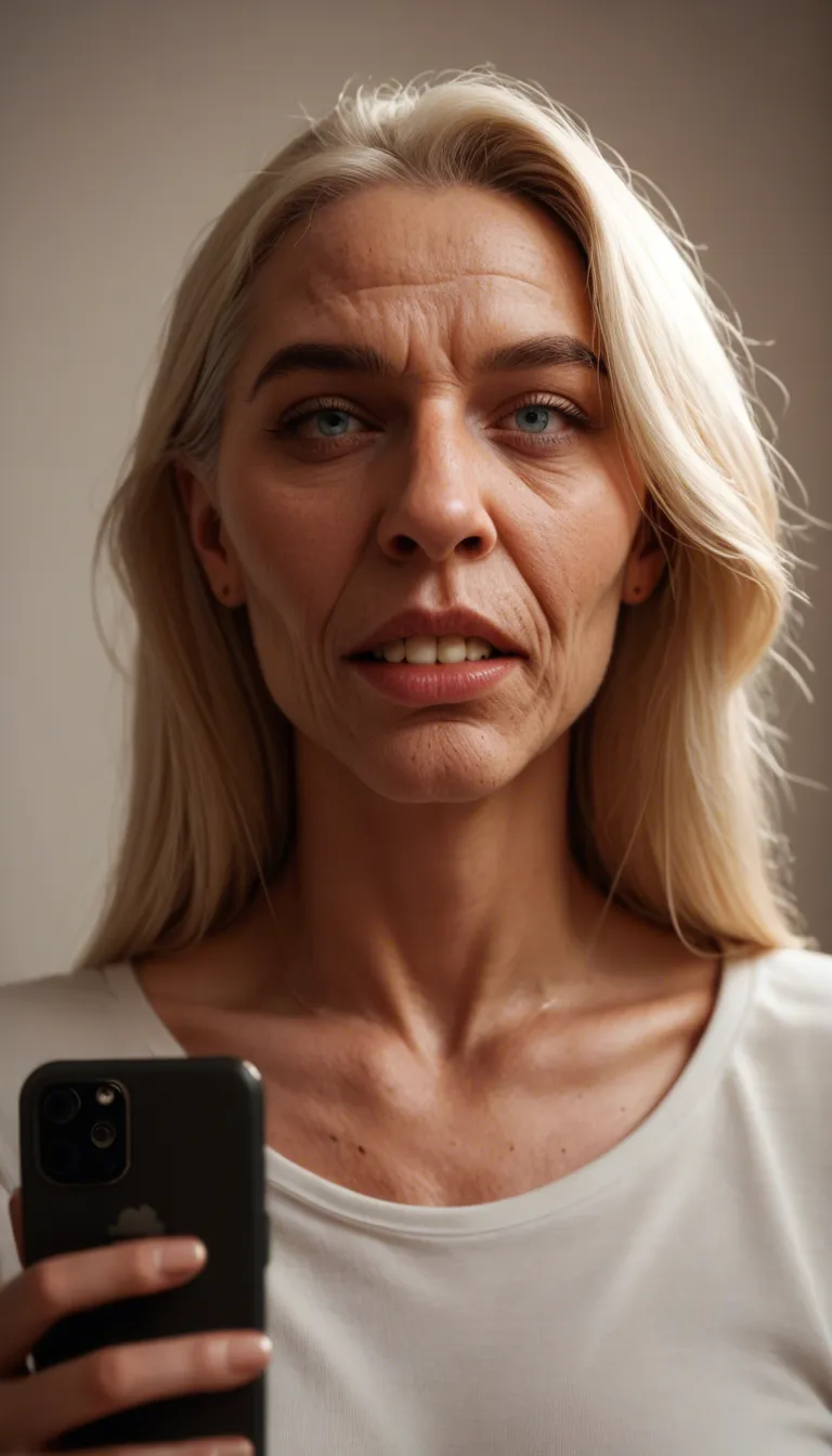 my old blonde wife with the body of a grandma with a long face, big nose, big teeth, blue eyes, mannish jawline, big natural sagging stretchmarked tits with huge oversiszed areolas and jumbo-sized hard nipples is laughing at me because she got me to say "I like cock"; Las Vegas penthouse suite at night