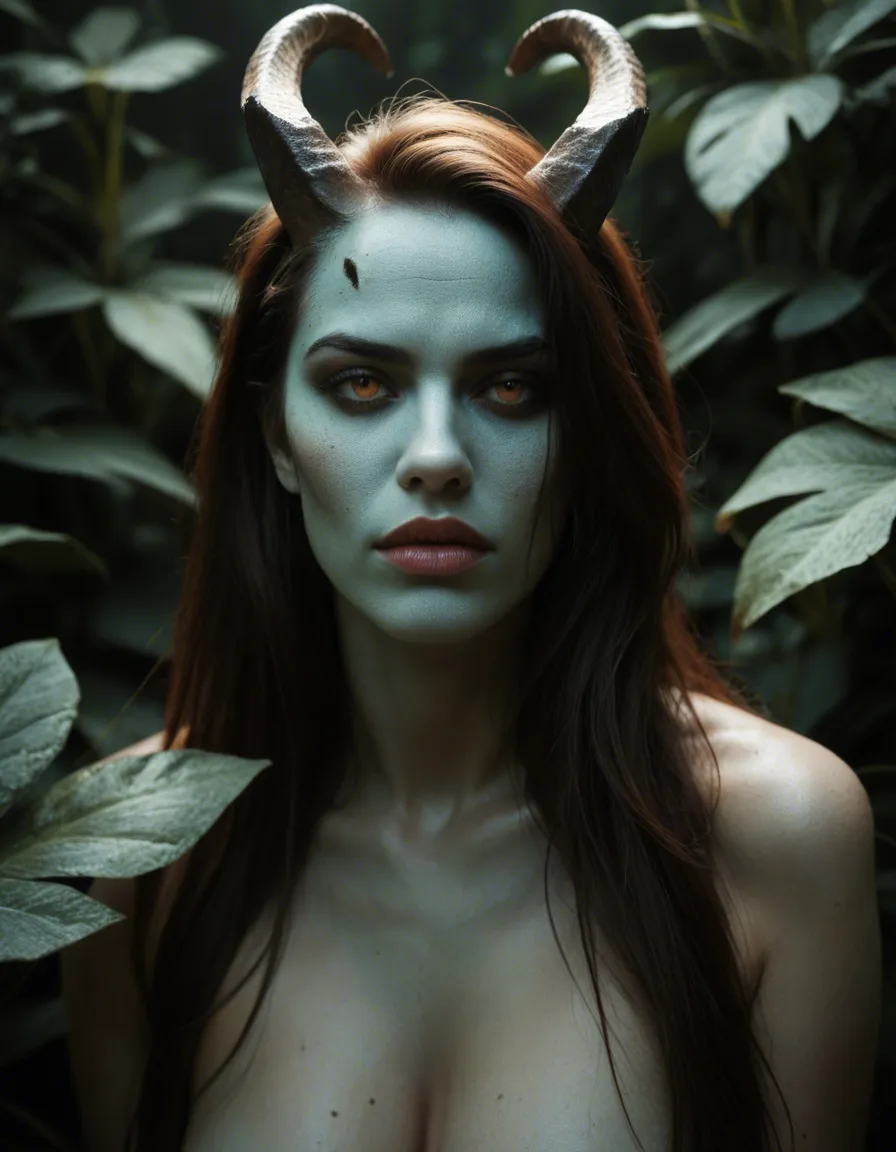 RAW photo, ultra realistic, 6+women, colored skin, horns, presenting, plant, studio lighting, score_9, score_8, candid photo, realistic skin texture, visible skin pores, film grain, depth of field