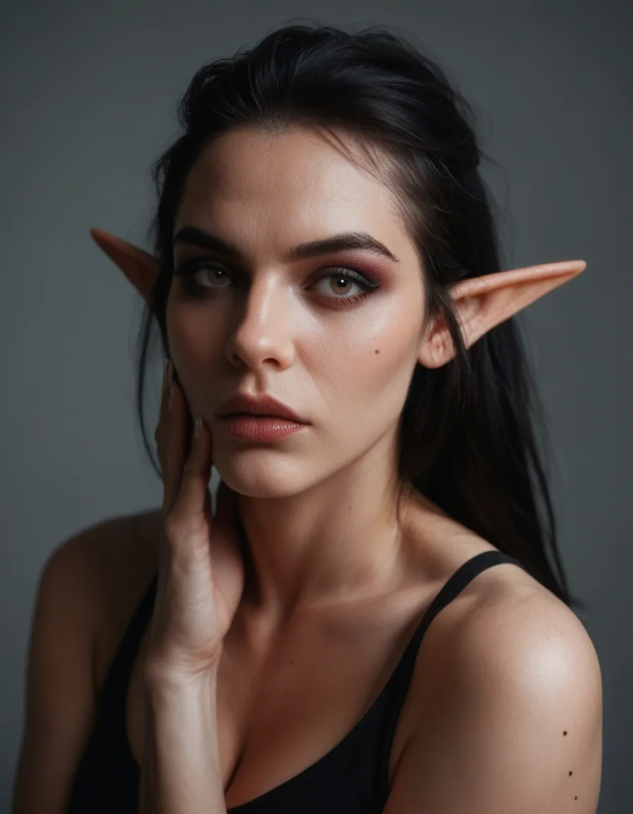RAW photo, ultra realistic, elf woman, futanari, fingernails, photorealistic goth woman, score_9, score_8, candid photo, realistic skin texture, visible skin pores, film grain, depth of field