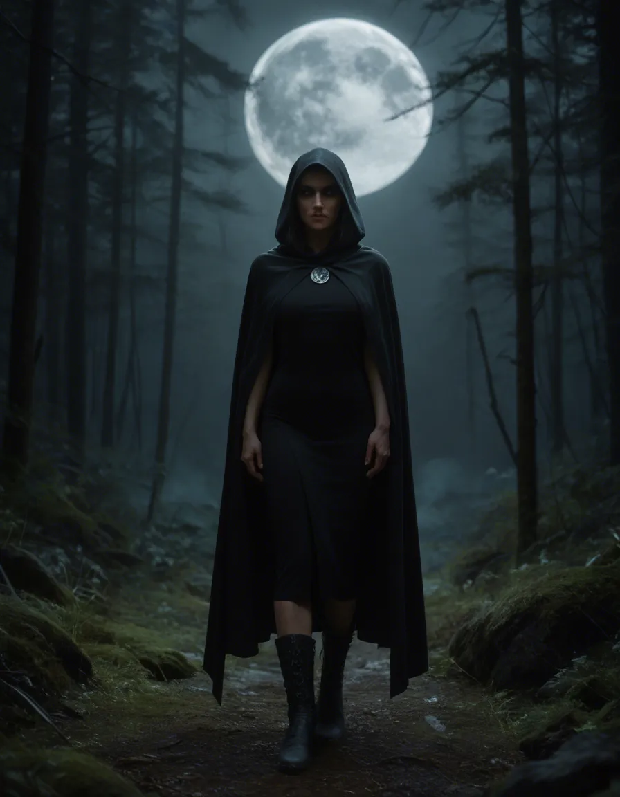 snude witch in the forest with stocking and black boots , in a dark foggy forest at night on a full moon , she as a black cape, score_9, score_8, candid photo, realistic skin texture, visible skin pores, film grain, depth of field
