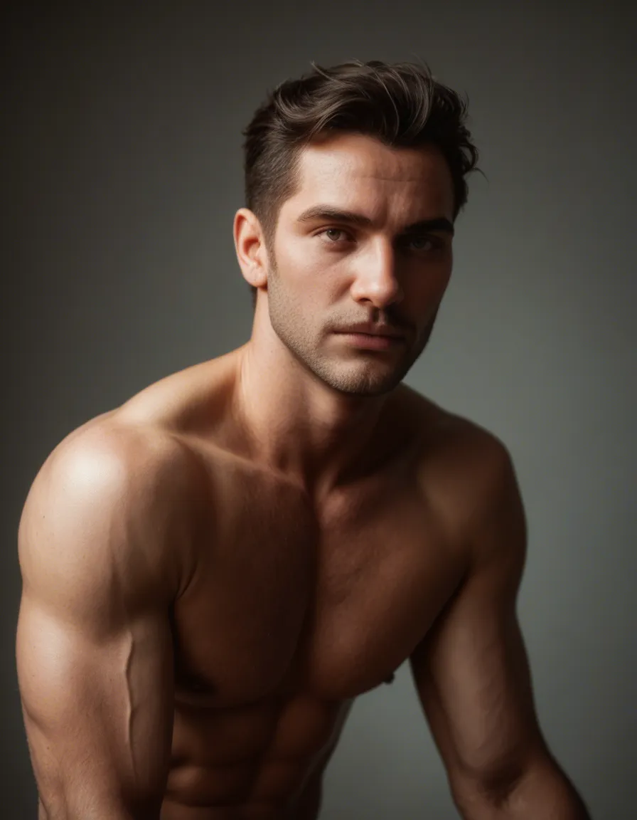 cinematic photo, 8k, 1boy, sleeveless, fully nude, cool tones, RAW photo, score_9, score_8, candid photo, realistic skin texture, visible skin pores, film grain, depth of field