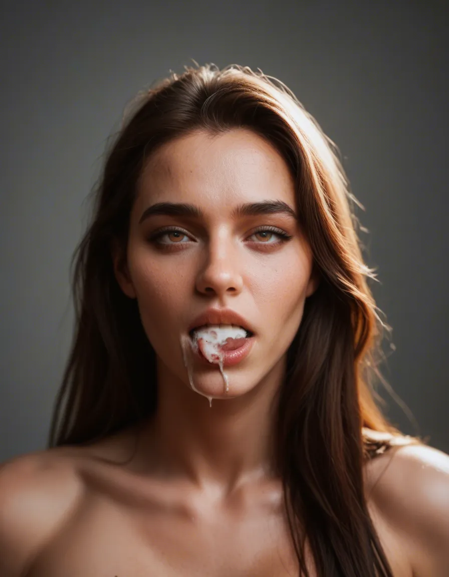 sharp focus, 8k uhd, solo female, very long hair, food, ahegao, hyperrealistic, score_9, score_8, candid photo, realistic skin texture, visible skin pores, film grain, depth of field