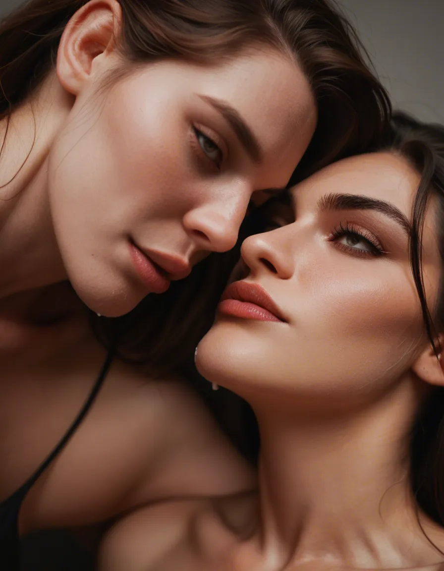 professional photo, high detail, 2women, bare shoulders, office wear, seductive gaze, creampie, close-up, warm tones, studio photo, score_9, score_8, candid photo, realistic skin texture, visible skin pores, film grain, depth of field