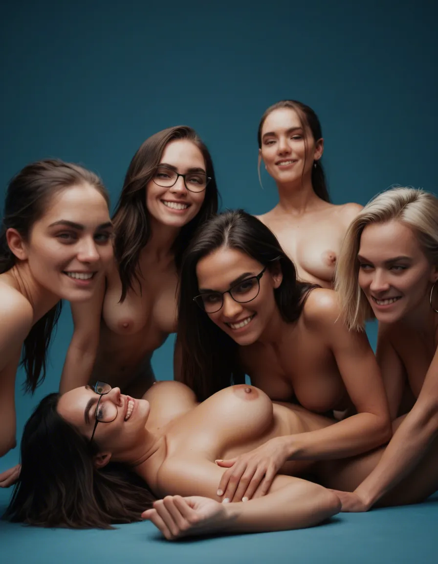 sharp focus, 8k uhd, three-quarter view, 5girls, 69 position, glasses, blue background, teasing grin, film photography, score_9, score_8, candid photo, realistic skin texture, visible skin pores, film grain, depth of field
