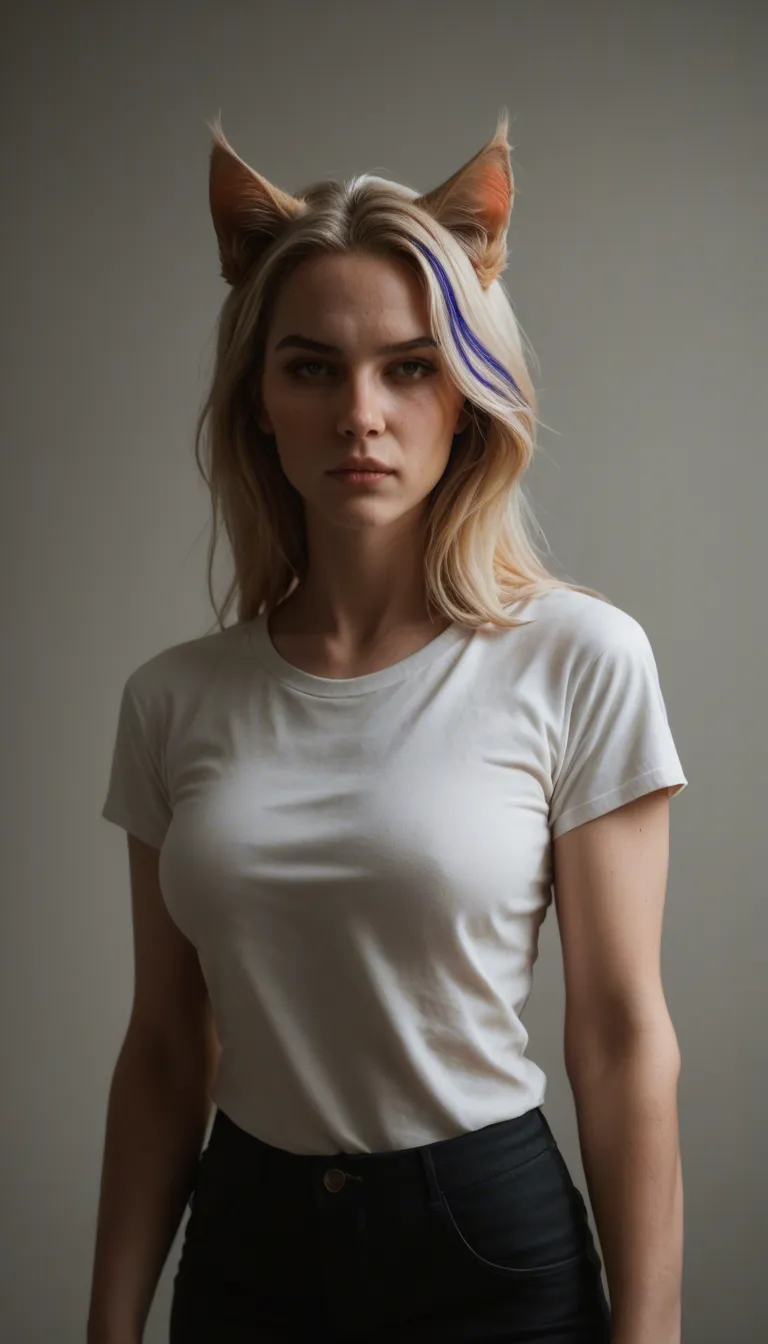 best quAality, hyperrealistic, catgirl, streaked hair, short sleeves, futanari, rim light, RAW photo