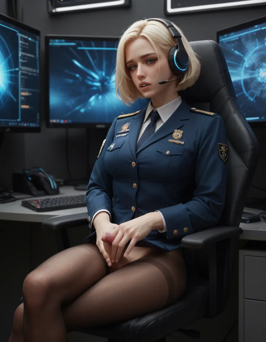 futanari, woman lieutenant ,masturbating,  short blonde hair, big blue eyes, small pointy face , small mouth, on bridge of hi-tech warship, sitting in high chair in front of several monitors wearing uniform and headset, legs crossed. Wearing no panties and pantyhose, legs crossed facing to side,  showing pussy from below,   red lacy panties aside, hand on pussy, masturbation , sensible black shoes, upskirt, score_9, score_8, 3d render, octane render, subsurface scattering, ray tracing, smooth shading, score_9, score_8, candid photo, realistic skin texture, visible skin pores, film grain, depth of field, score_9, score_8, candid photo, realistic skin texture, visible skin pores, film grain, depth of field, score_9, score_8, 3d render, octane render, subsurface scattering, ray tracing, smooth shading, score_9, score_8, candid photo, realistic skin texture, visible skin pores, film grain, depth of field