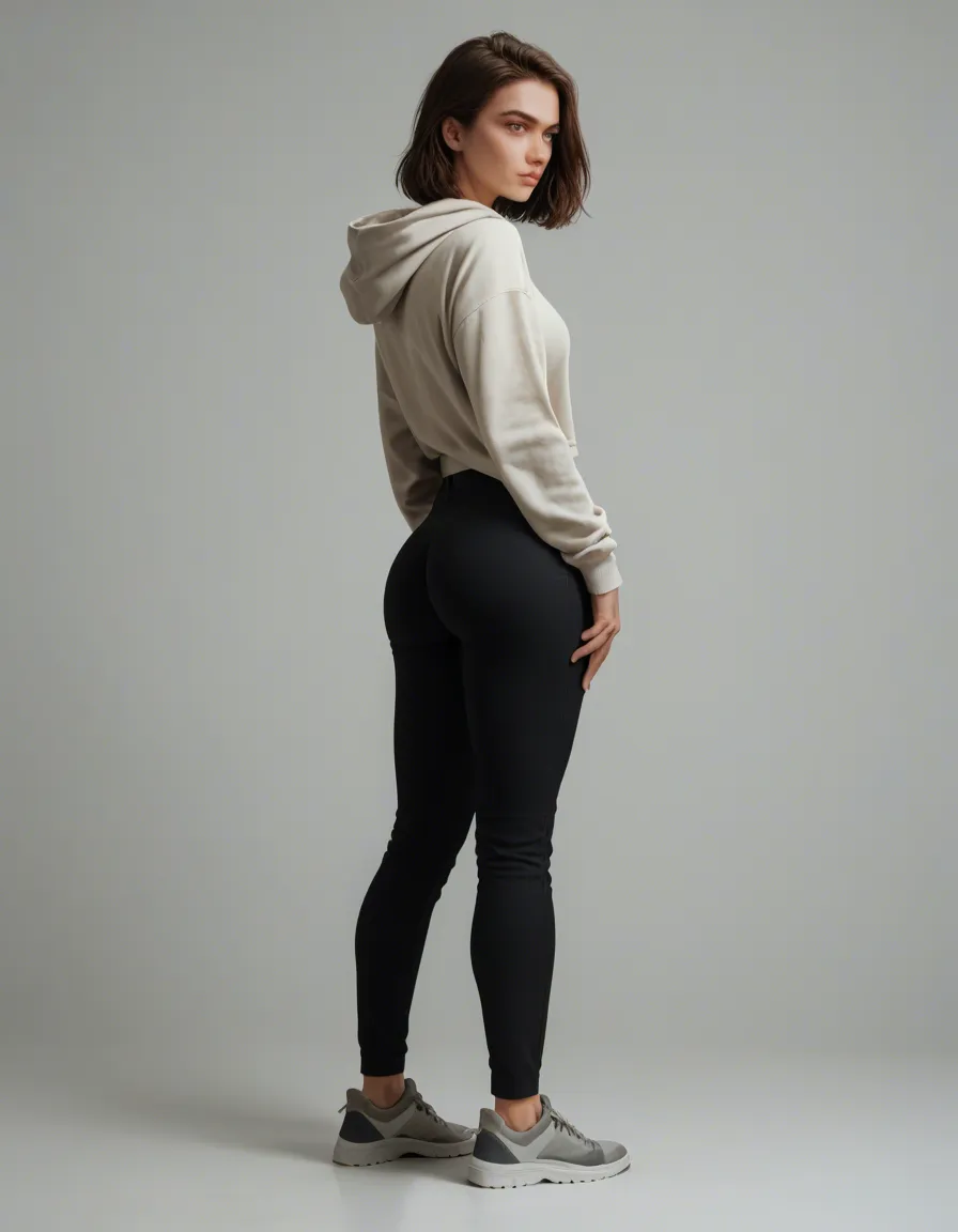 White Russian-Canadian-French woman, born in nunavut canada, green eyes, brunette, Medium sized hair but on the longer section, tan colored sweater/hoodie, white shirt, black pants, grey shoes, flirtatious. Medium sized boobs, medium sized ass, score_9, score_8, candid photo, realistic skin texture, visible skin pores, film grain, depth of field