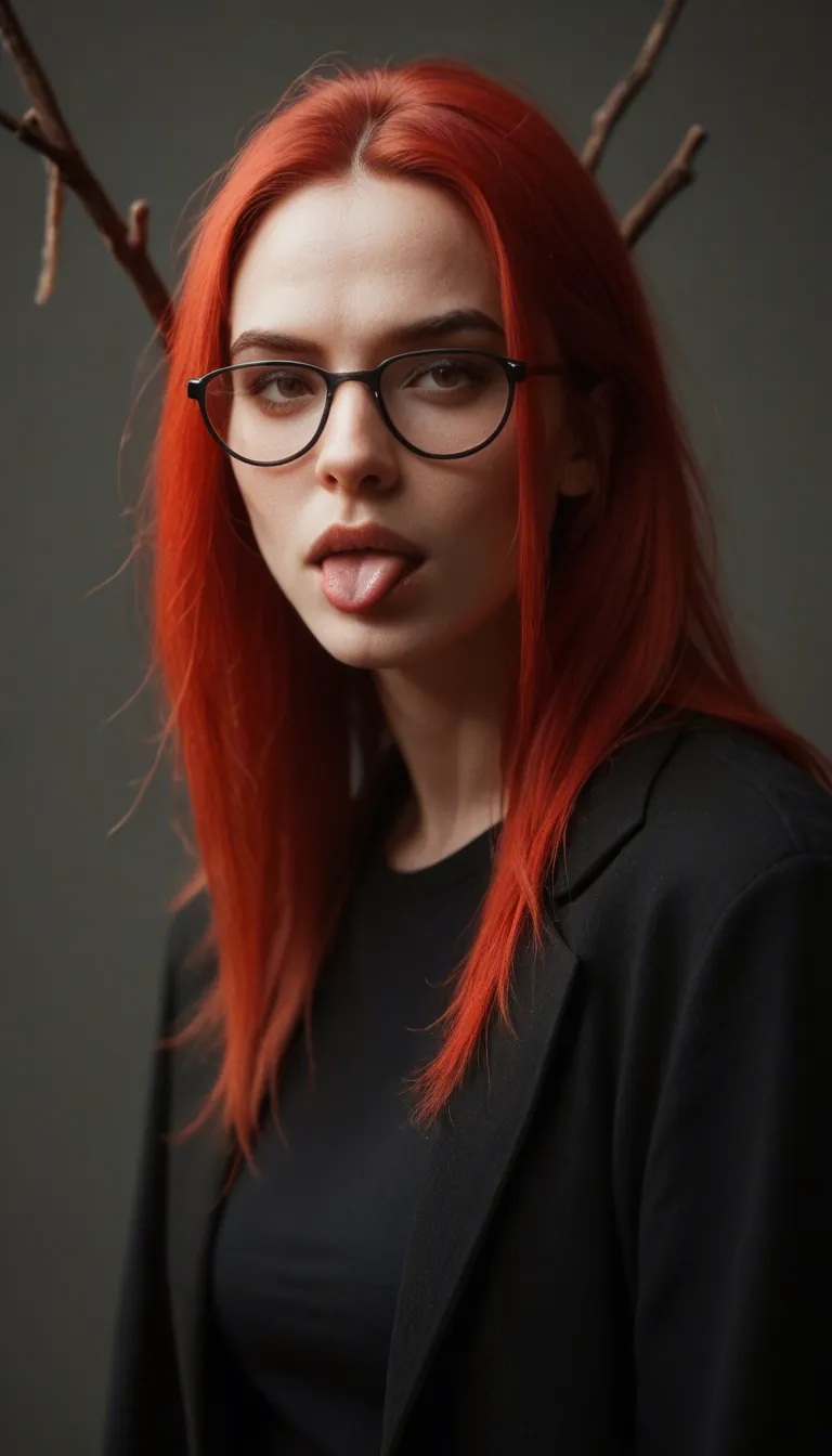 • Hair & Face: She has long, strikingly bright red hair with straight bangs. She wears black glasses with round lenses and playfully sticks out her tongue.
• Clothing: She is dressed in sportswear, consisting of a black sports bra (bustier) with a zipper in the front and tight-fitting, heather gray leggings with perforated details on the sides. She is barefoot.
• Tattoos & Jewelry: A large, colorful tattoo is visible on her left hip. She also has a navel piercing and wears a black smartwatch on her right wrist.
She Open the Zipper and presenting her breasts