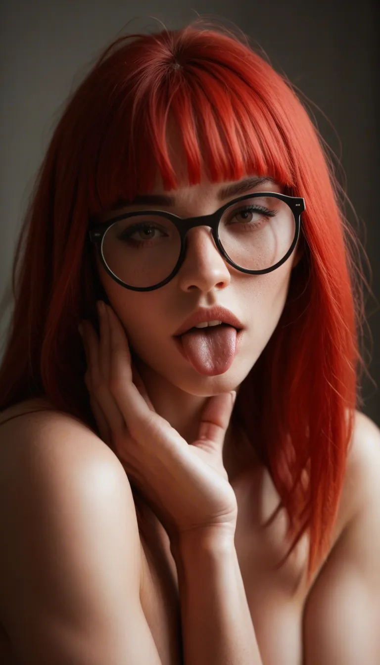 • Hair & Face: She has long, strikingly bright red hair with straight bangs. She wears black glasses with round lenses and playfully sticks out her tongue.

• Clothing: She is dressed in sportswear, consisting of a black sports bra (bustier) with a zipper in the front and tight-fitting, heather gray leggings with perforated details on the sides. She is barefoot.

• Tattoos & Jewelry: A large, colorful tattoo is visible on her left hip. She also has a navel piercing and wears a black smartwatch on her right wrist.

She Opens the Zipper of her bra , Take it Off and presenting her bare breasts