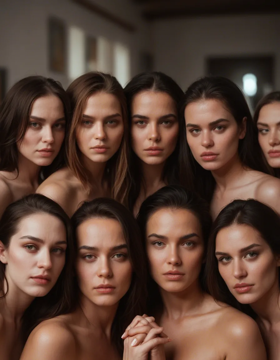 best quality, hyperrealistic, 5women, presenting, holding hands, blurry background, dominant stare, photorealistic, score_9, score_8, candid photo, realistic skin texture, visible skin pores, film grain, depth of field