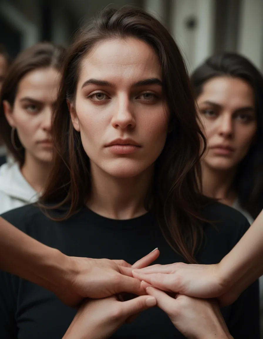 best quality, hyperrealistic, 5women, presenting, holding hands, blurry background, dominant stare, photorealistic, score_9, score_8, candid photo, realistic skin texture, visible skin pores, film grain, depth of field, score_9, score_8, candid photo, realistic skin texture, visible skin pores, film grain, depth of field