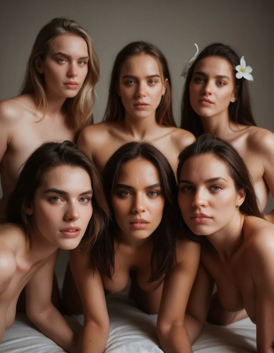 RAW photo, ultra realistic, 3girls, hair ribbon, flower, doggy style, 8k uhd photo, score_9, score_8, candid photo, realistic skin texture, visible skin pores, film grain, depth of field