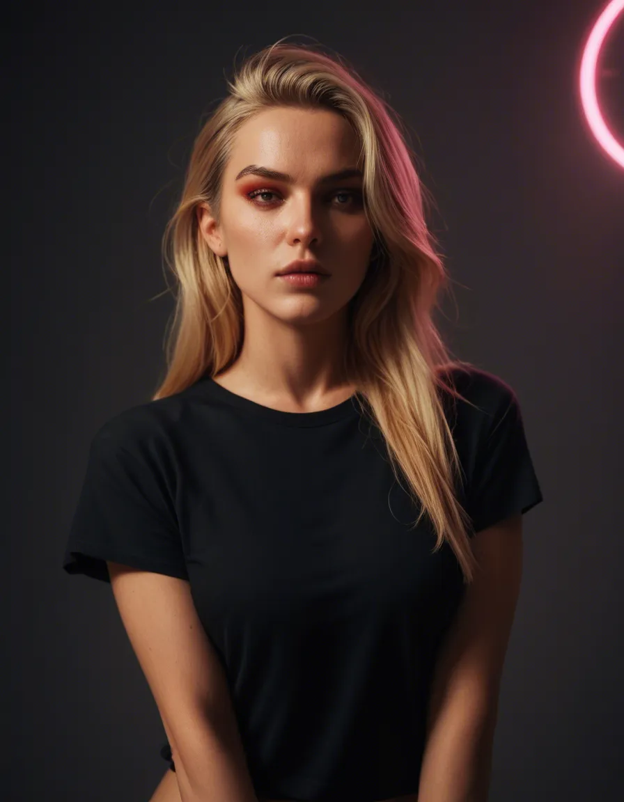 studio quality, sharp focus, succubus, blonde hair, shirt, fully nude, neon glow, lifelike render, score_9, score_8, candid photo, realistic skin texture, visible skin pores, film grain, depth of field