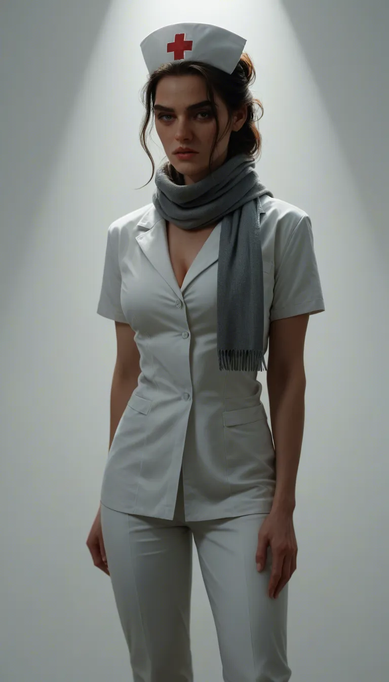 widescreen, ultra HD, nurse, scarf, pants, undressing, white background, movie still