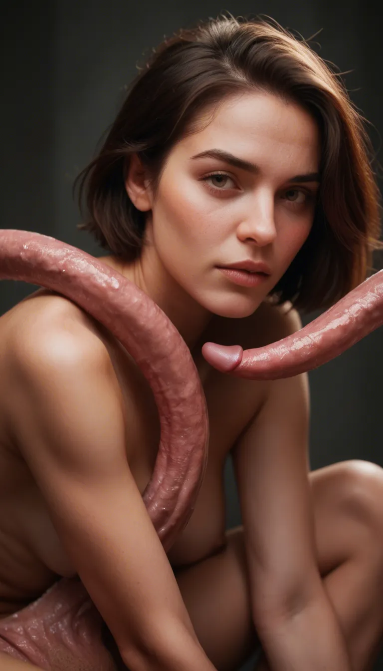 a cute woman, brunette with short hair, pink slimy long tentacles hold her legs open wide, a tentacle rubbing her clit super fast, she blushes