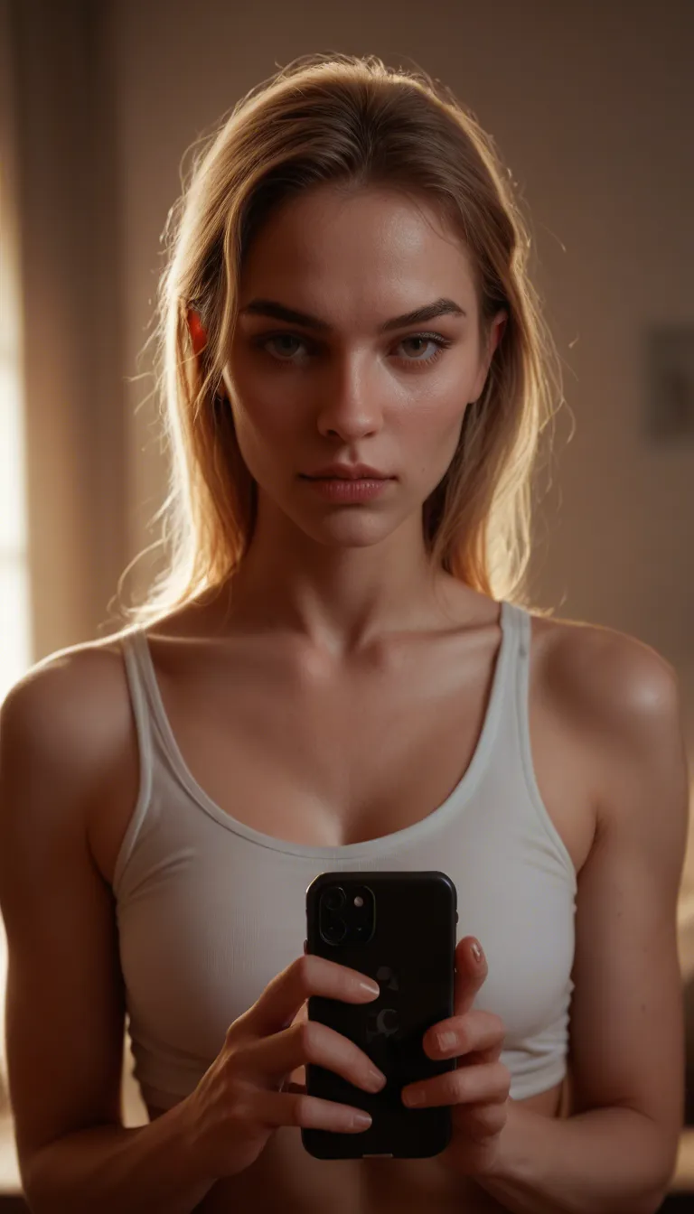 best quality, hyperrealistic, solo female, presenting, collarbone, blurry background, intense passion, score_9, score_8, amateur photo, phone snapshot, realistic skin texture, skin blemishes, soft indoor lighting