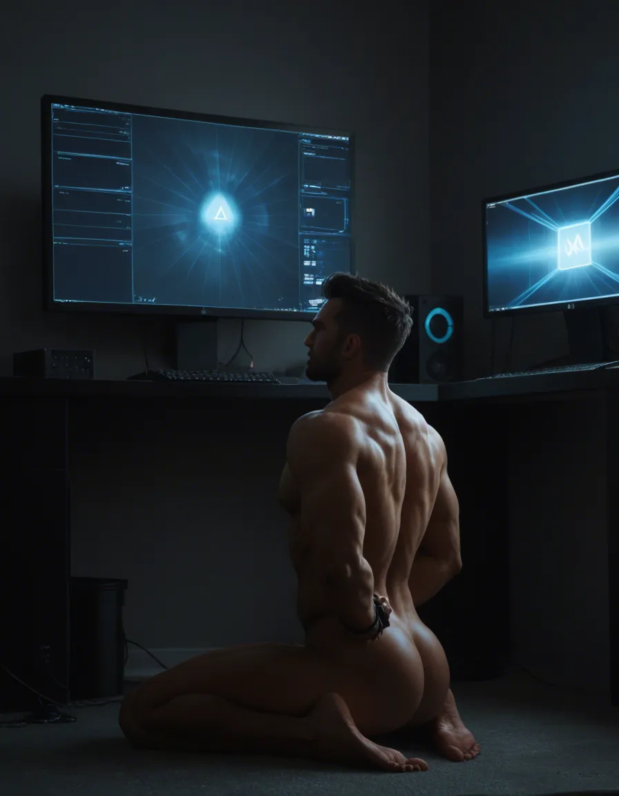 A submissive male figure kneeling before a towering computer monitor displaying the silhouette of a dominant woman, hands bound behind his back, head tilted upward in worship, the room illuminated only by the blue glow of the screen, shadows playing across his exposed torso, atmospheric mist, digital art style, moody lighting, score_9, score_8, candid photo, realistic skin texture, visible skin pores, film grain, depth of field