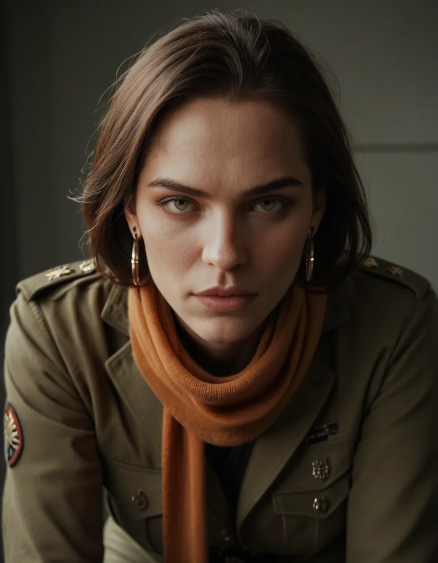 dslr, film grain, photorealistic, solo focus, scarf, earrings, doggy style, military, studio photo, score_9, score_8, candid photo, realistic skin texture, visible skin pores, film grain, depth of field
