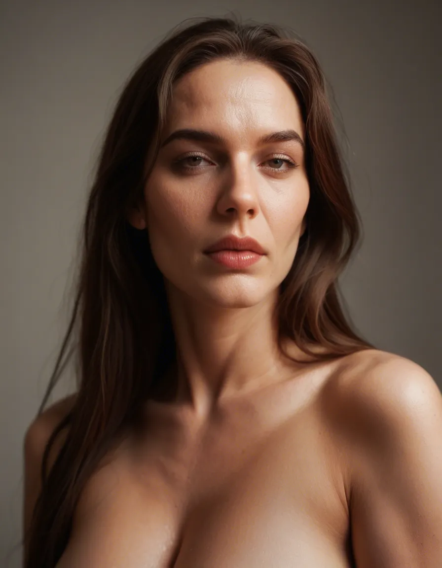 cinematic photo, 8k, mature female, very long hair, food, bondage, hyperrealistic, score_9, score_8, candid photo, realistic skin texture, visible skin pores, film grain, depth of field
